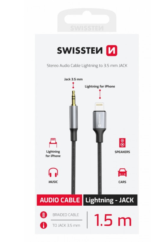Swissten 73502307 Lightning to 3.5mm AUX Adapter – MFi Certified, Nylon Braid, Black