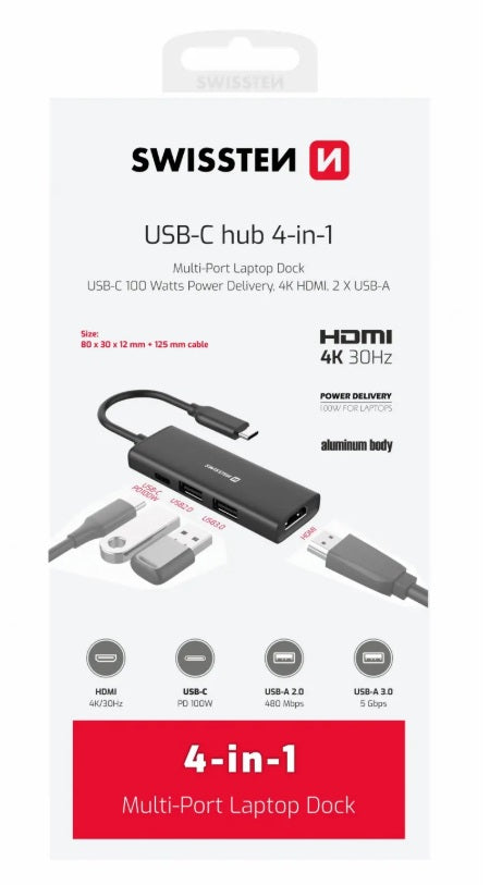 Swissten 44040201 4-in-1 USB-C Hub – HDMI 4K, USB 3.0, USB 2.0 & 100W PD