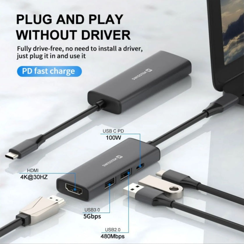 Swissten 44040201 4-in-1 USB-C Hub – HDMI 4K, USB 3.0, USB 2.0 & 100W PD