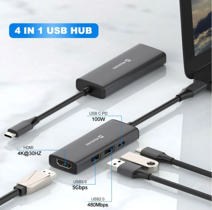 Swissten 44040201 4-in-1 USB-C Hub – HDMI 4K, USB 3.0, USB 2.0 & 100W PD
