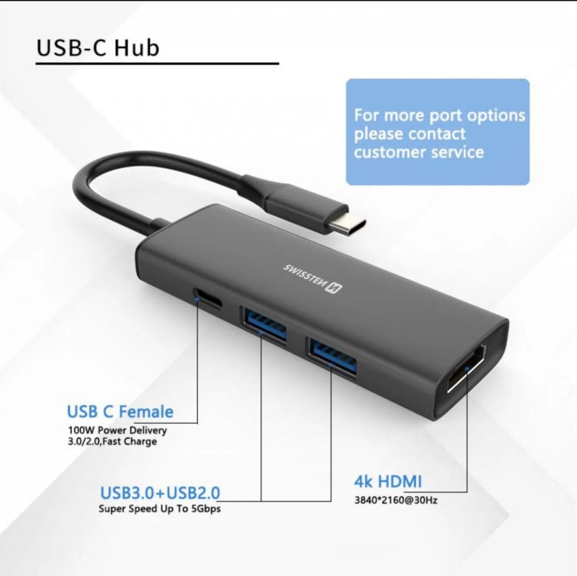 Swissten 44040201 4-in-1 USB-C Hub – HDMI 4K, USB 3.0, USB 2.0 & 100W PD