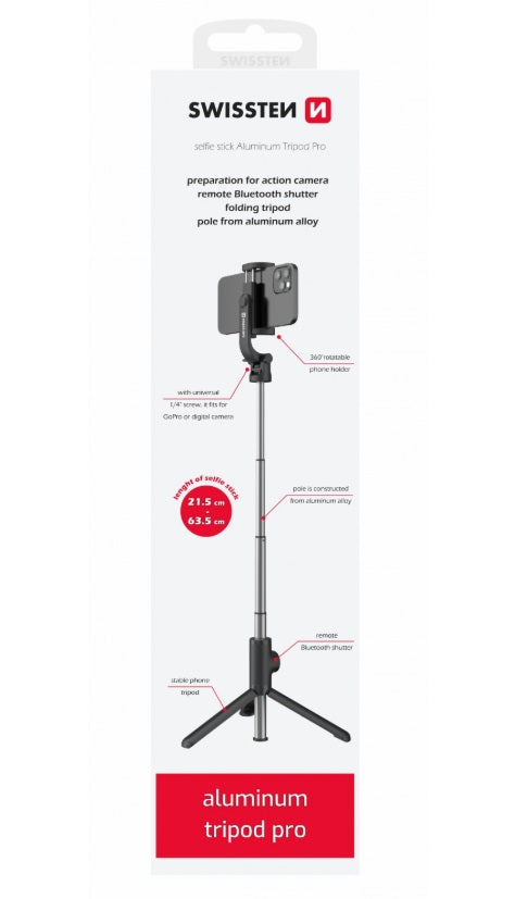 Swissten 32000400 Aluminum Tripod Pro – Selfie Stick & Tripod, 21-64cm, Bluetooth Remote