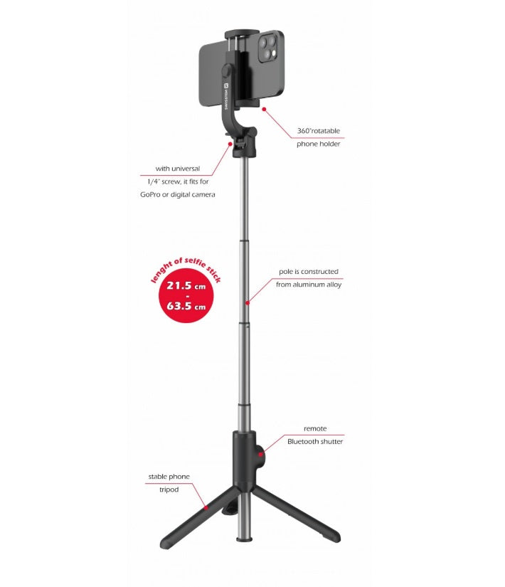 Swissten 32000400 Aluminum Tripod Pro – Selfie Stick & Tripod, 21-64cm, Bluetooth Remote
