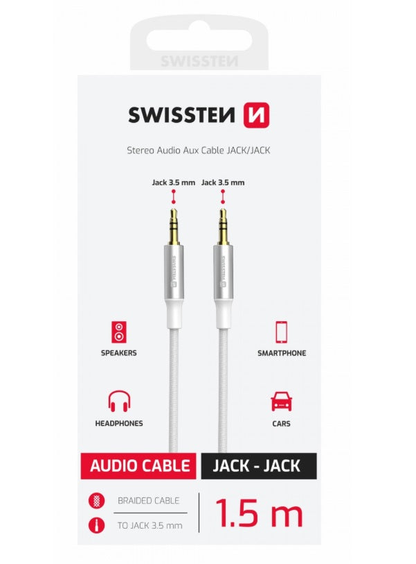 Swissten 73501216 AUX Cable – 1.5m, 3.5mm, Gold-Plated & Nylon Braid, White