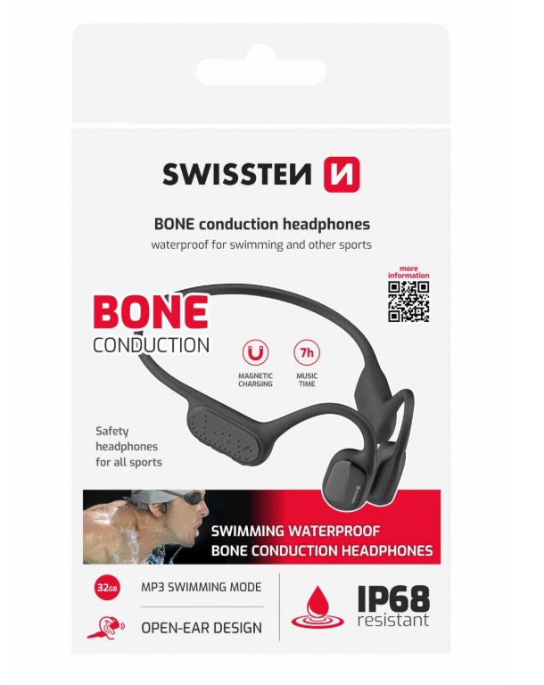 Swissten 51107092 Bone Conduction Headphones – Bluetooth 5.3, 32GB MP3 & Handsfree, Black