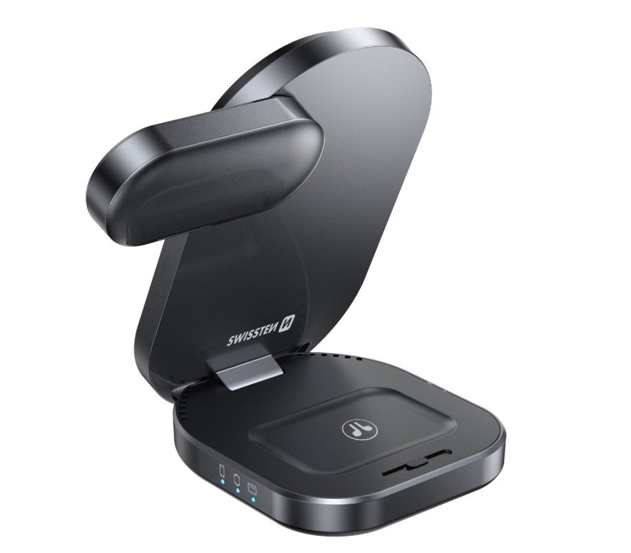 Swissten 22055570 MagBase 3-in-1 Wireless Charger – Qi2 15W, MagSafe, iPhone/AirPods/Apple Watch