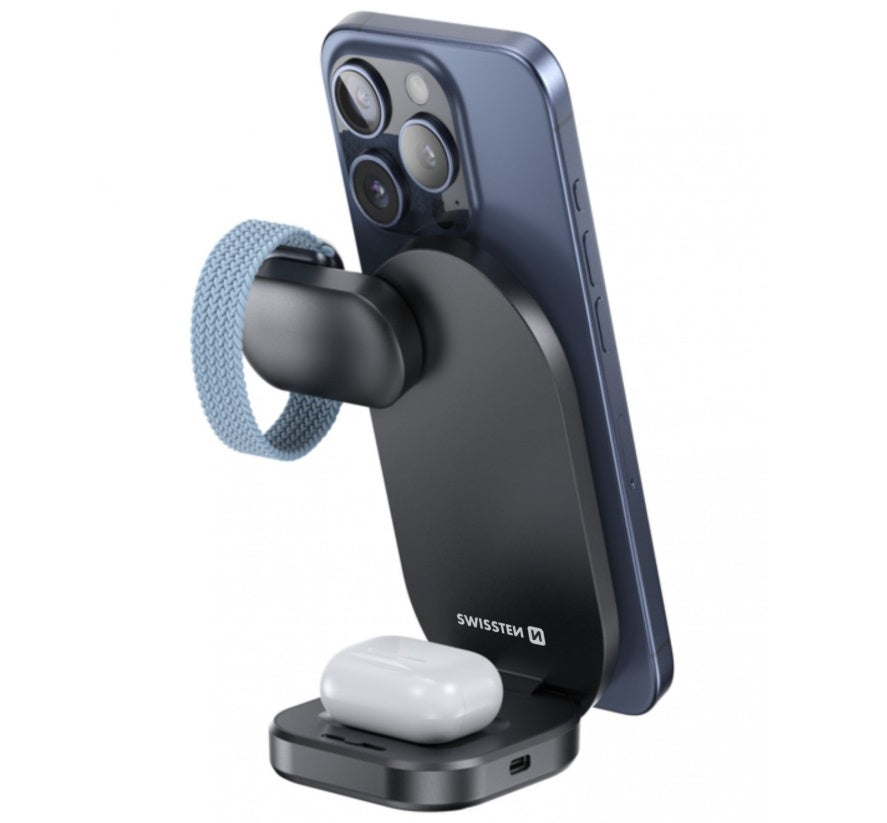 Swissten 22055570 MagBase 3-in-1 Wireless Charger – Qi2 15W, MagSafe, iPhone/AirPods/Apple Watch