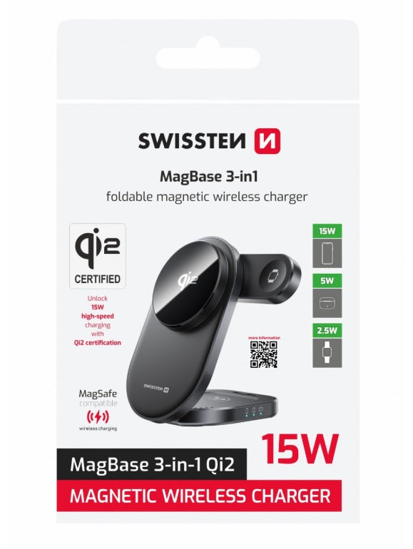 Swissten 22055570 MagBase 3-in-1 Wireless Charger – Qi2 15W, MagSafe, iPhone/AirPods/Apple Watch