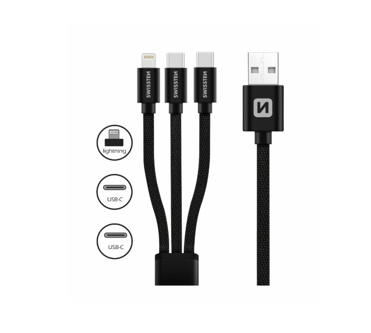 Swissten 72501103 TEXTILE 3-in-1 Cable – USB-A to Lightning & 2×USB-C, 1.2m, Nylon, Black