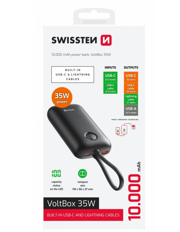 Swissten 22013936 Voltbox 10000 Power Bank – 10,000mAh, 35W PD & Built-in USB-C/Lightning Cables