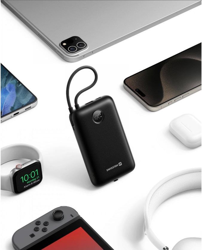 Swissten 22013937 Voltbox 20000 Power Bank – 20,000mAh, 35W PD & Built-in USB-C/Lightning Cables