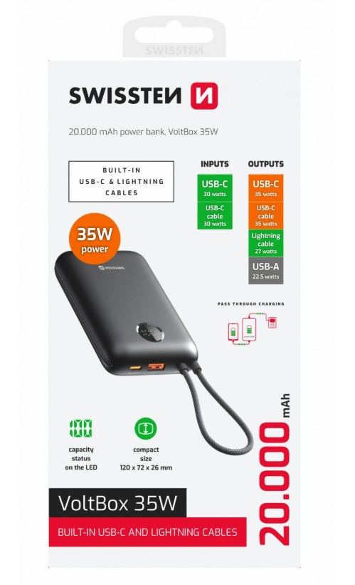 Swissten 22013937 Voltbox 20000 Power Bank – 20,000mAh, 35W PD & Built-in USB-C/Lightning Cables