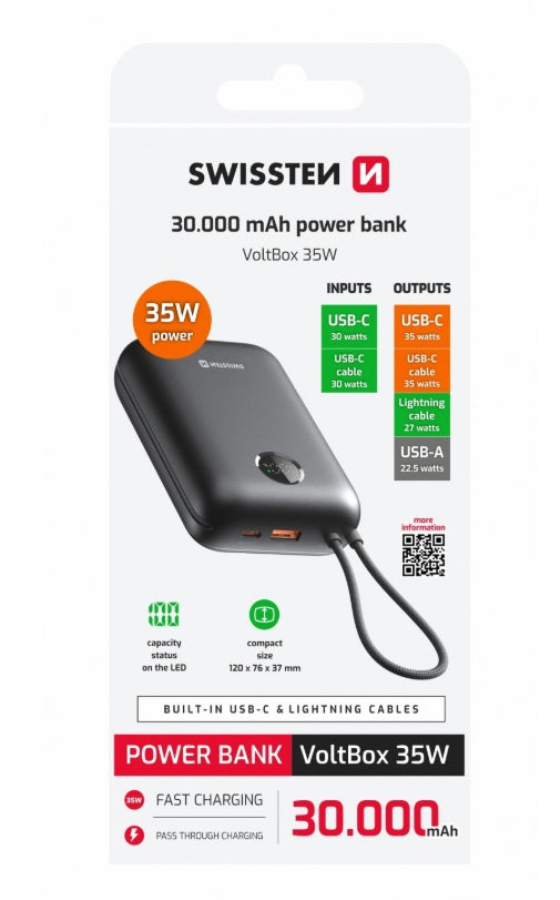 Swissten 22013938 Voltbox 30000 Power Bank – 30,000mAh, 35W PD & Built-in USB-C/Lightning Cables
