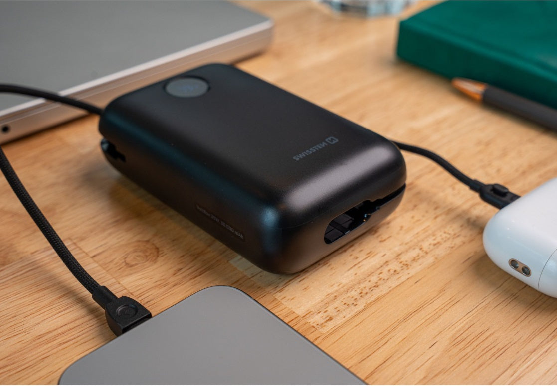 Swissten 22013938 Voltbox 30000 Power Bank – 30,000mAh, 35W PD & Built-in USB-C/Lightning Cables