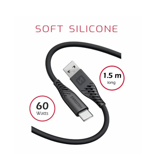 Swissten 71531010 USB-C to USB-C Cable – 1.5m, Soft Silicone, Black