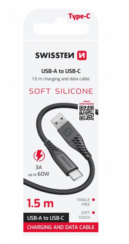 Swissten 71531010 USB-C to USB-C Cable – 1.5m, Soft Silicone, Black