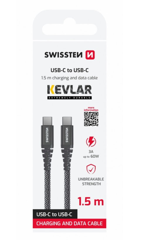 Swissten 71542010 USB-C to USB-C Cable – 1.5m, Kevlar Braid, Black