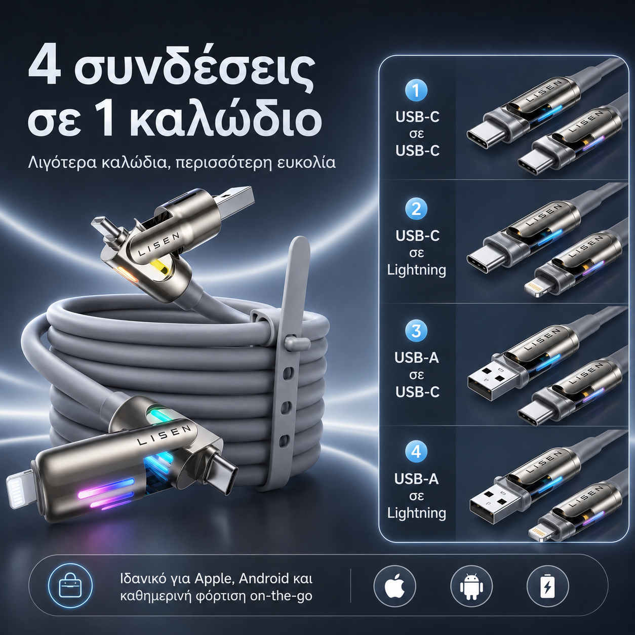 LISEN Chubby Καλώδιο Φόρτισης 4 σε 1, 2 μ – 240 W PD3.1, USB-C & USB-A σε C & Lightning