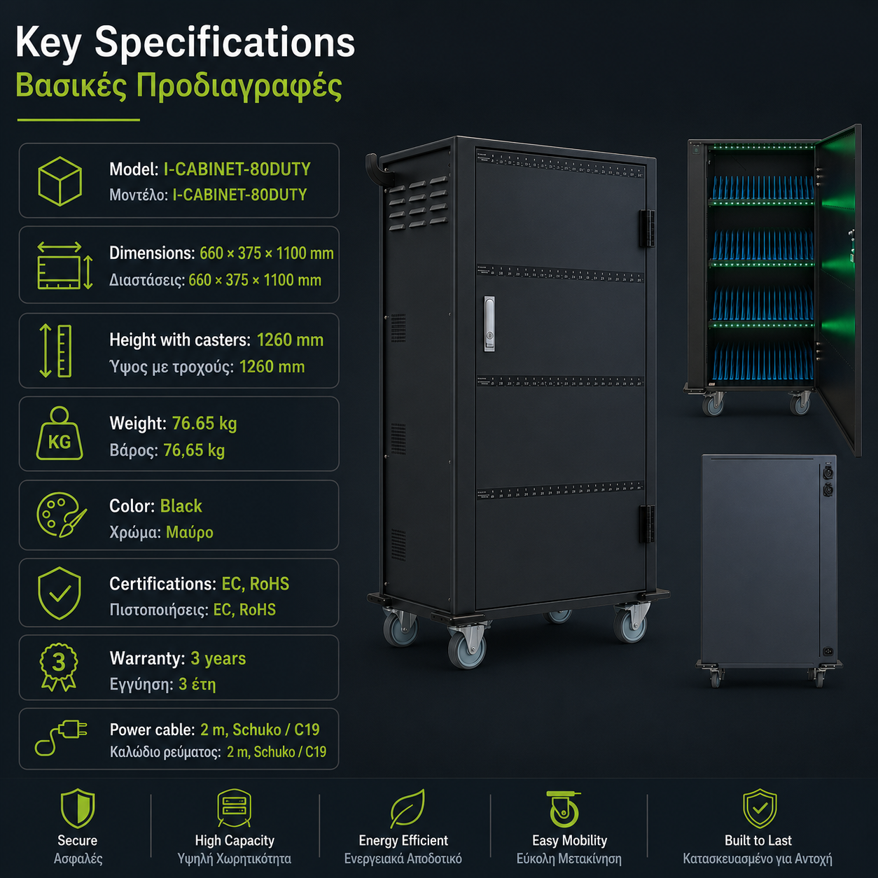 Techly I-CABINET-80DUTY Τρόλεϊ Φόρτισης USB – 80 Συσκευών, Κλειδωνόμενο & Τροχήλατο