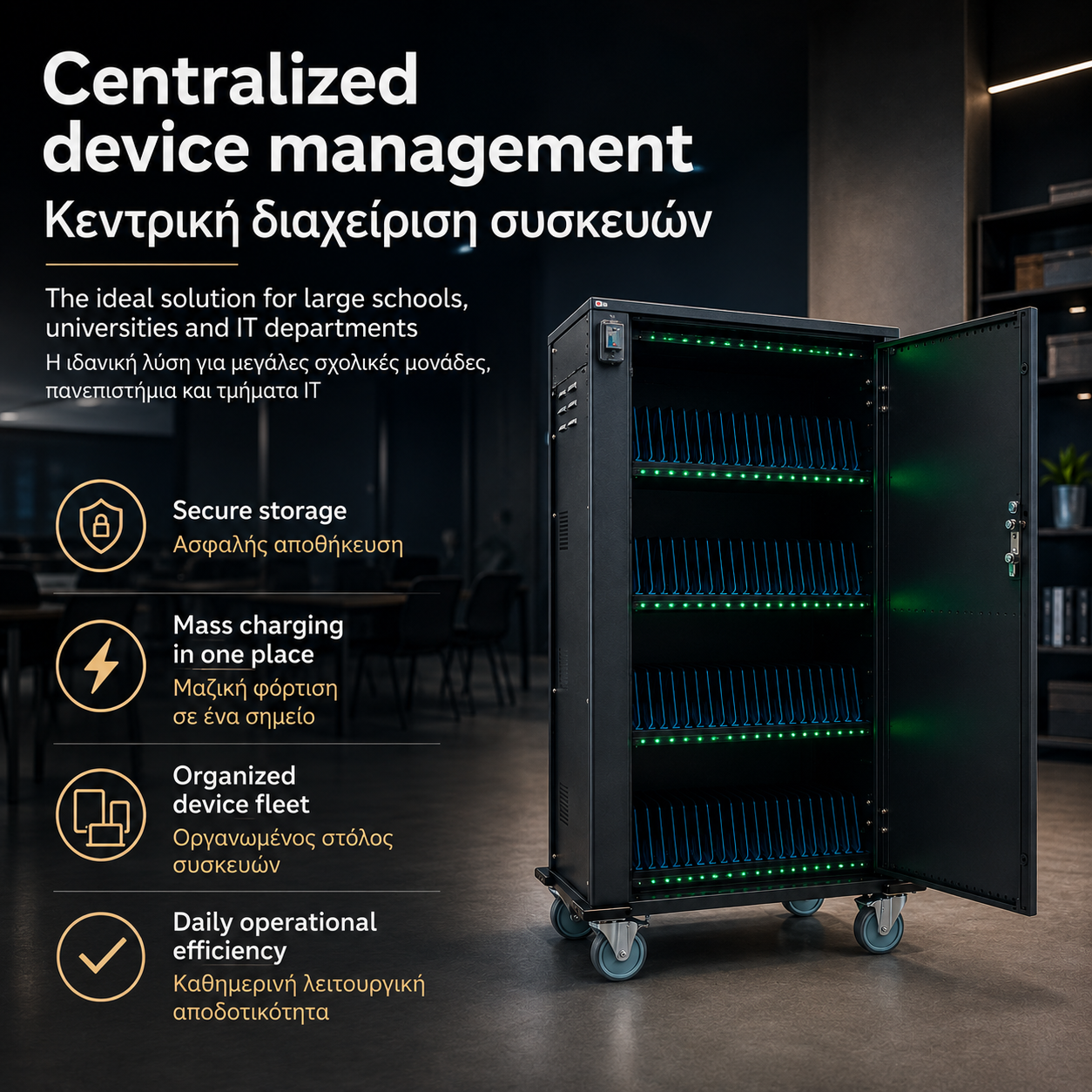Techly I-CABINET-80DUTY Τρόλεϊ Φόρτισης USB – 80 Συσκευών, Κλειδωνόμενο & Τροχήλατο