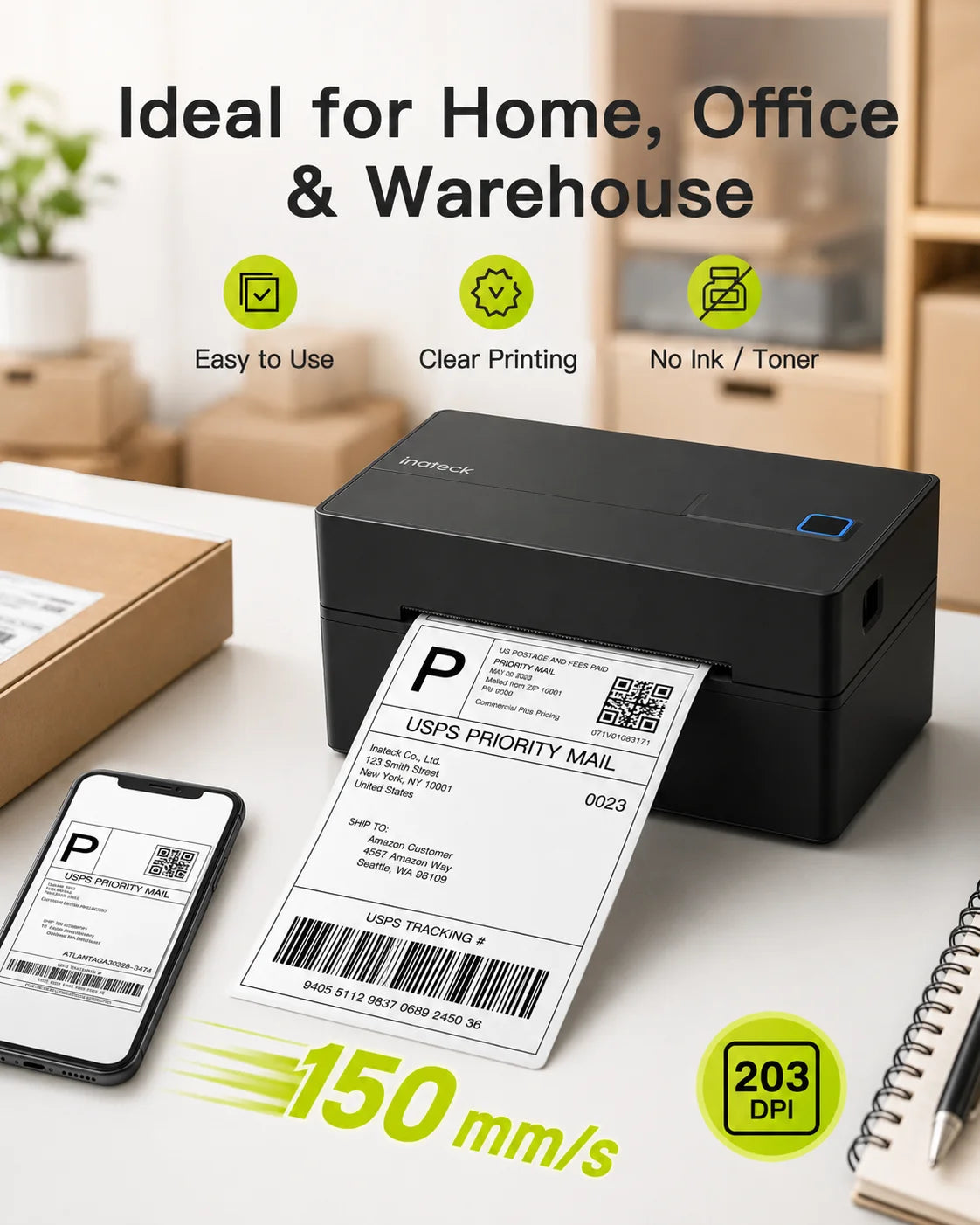 Θερμικός Εκτυπωτής Ετικετών Inateck PR40 – 40-110 mm, 203 DPI & Bluetooth/USB, Μαύρο