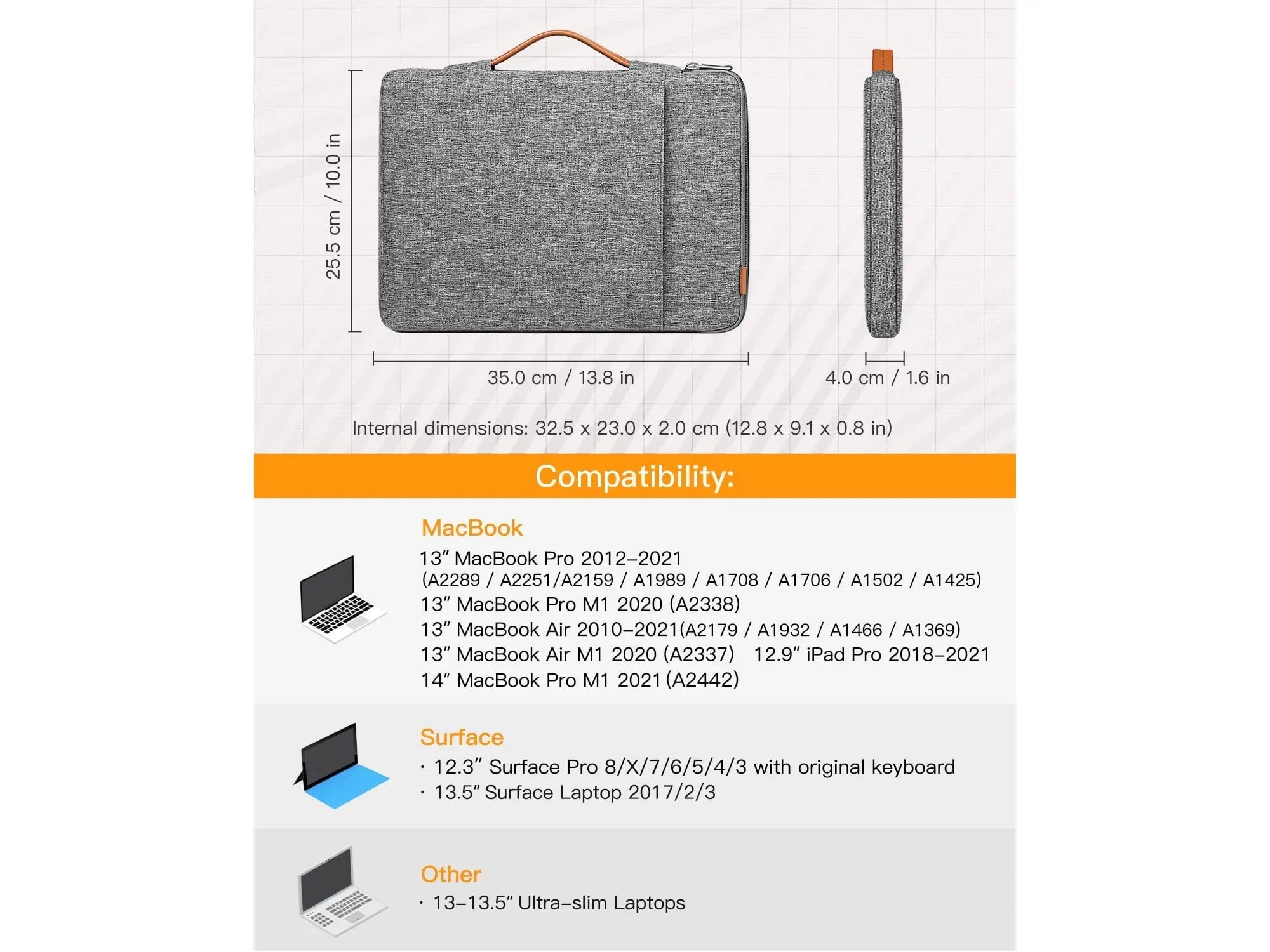 Inateck 15.6″ Laptop Sleeve – Splash-Resistant, Flannel Lining & Accessory Pocket, Grey