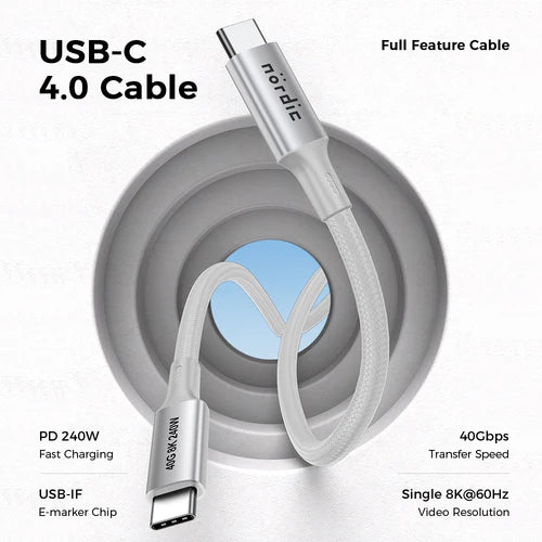 Καλώδιο USB4 USB-C 50 cm NÖRDIC – Δεδομένα 40 Gbps, Φόρτιση 240W PD3.1 & Βίντεο 8K@60Hz