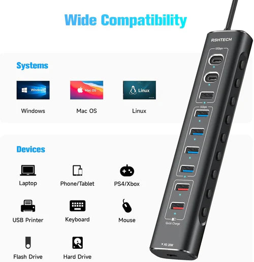 NÖRDIC 10-Port Powered USB Hub – USB 3.2 Gen 2, 20W PD & Individual Switches