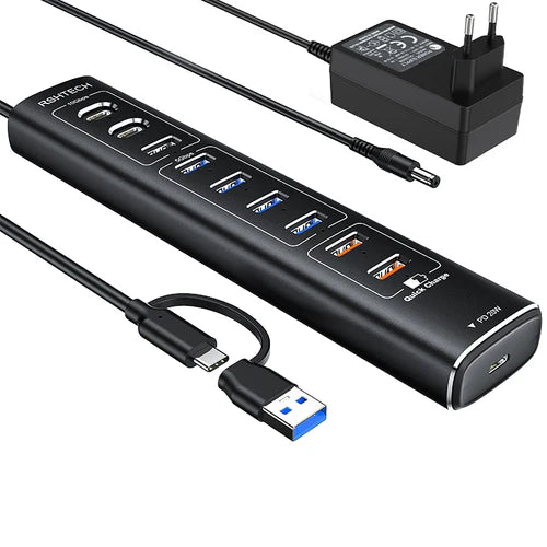 NÖRDIC 10-Port Powered USB Hub – USB 3.2 Gen 2, 20W PD & Individual Switches