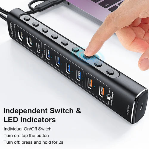 NÖRDIC 10-Port Powered USB Hub – USB 3.2 Gen 2, 20W PD & Individual Switches