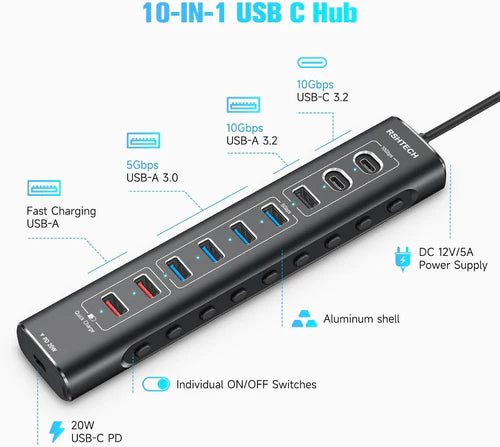 NÖRDIC 10-Port Powered USB Hub – USB 3.2 Gen 2, 20W PD & Individual Switches