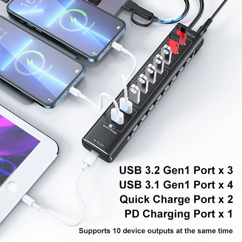NÖRDIC 10-Port Powered USB Hub – USB 3.2 Gen 2, 20W PD & Individual Switches