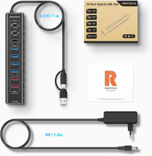 NÖRDIC 10-Port Powered USB Hub – USB 3.2 Gen 2, 20W PD & Individual Switches