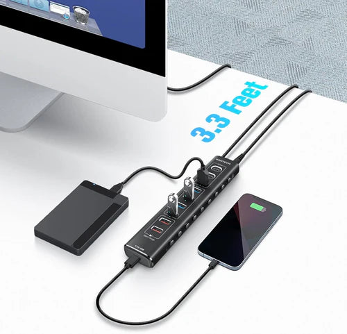 NÖRDIC 10-Port Powered USB Hub – USB 3.2 Gen 2, 20W PD & Individual Switches