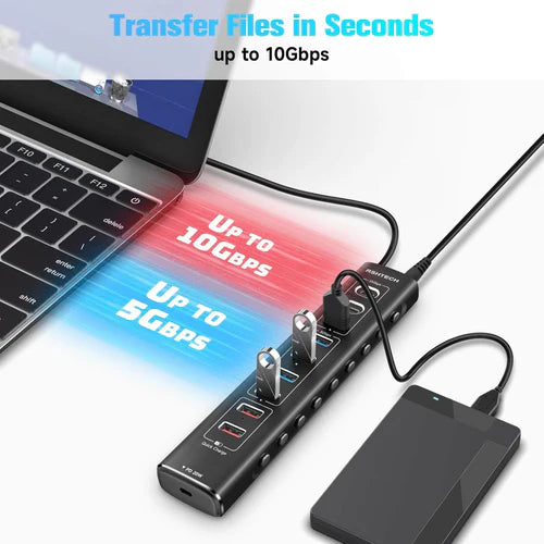 NÖRDIC 10-Port Powered USB Hub – USB 3.2 Gen 2, 20W PD & Individual Switches
