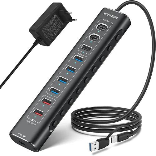 NÖRDIC Τροφοδοτούμενος Διανομέας USB 10 Θυρών – USB 3.2, 20W PD & Μεμονωμένοι Διακόπτες