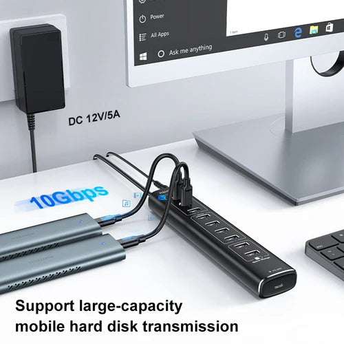 NÖRDIC 10-Port Powered USB Hub – USB 3.2 Gen 2, 20W PD & Individual Switches