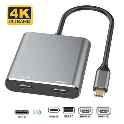 NÖRDIC USB-C to 2×HDMI Adapter – Dual 4K 30Hz, 60 W PD & USB-A 3.1 5 Gbps Hub
