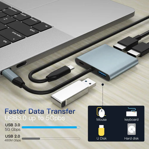 NÖRDIC USB-C to 2×HDMI Adapter – Dual 4K 30Hz, 60 W PD & USB-A 3.1 5 Gbps Hub