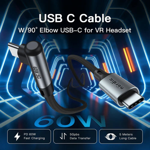 NÖRDIC VR5MCC VR Link Cable 5 m – USB-C to USB-C, USB 3.2 Gen1 5 Gbps & 3 A Charge