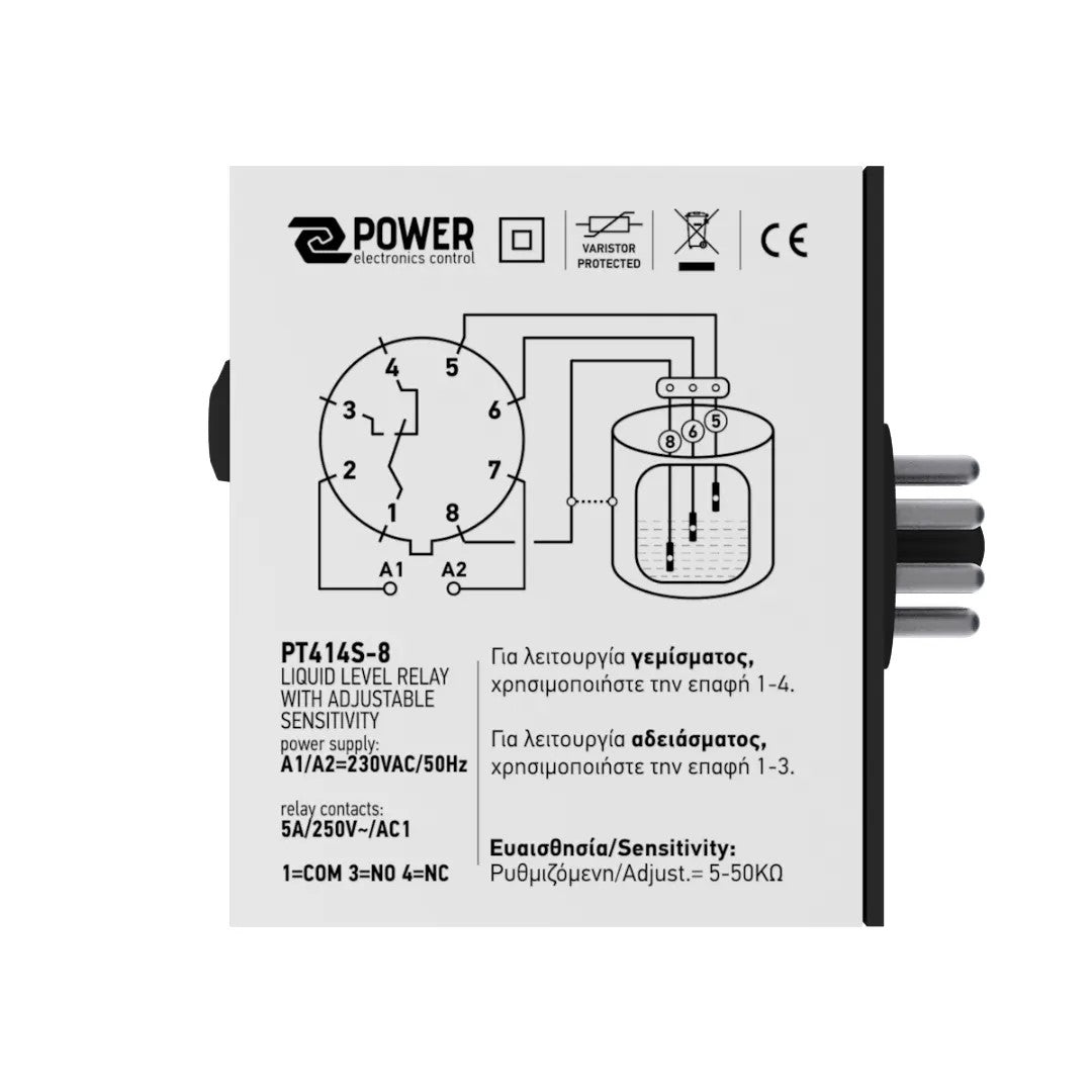 PELC PT414S-8 – Liquid Level Controller 5–50kΩ, 230VAC, 10A Relay, IP41, 8-Pin