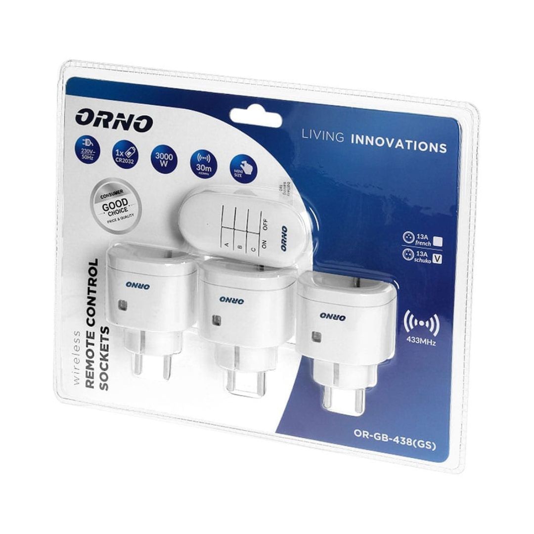RP-Orno 438 Wireless Remote Controlled Sockets – 3 Schuko Sockets, 30m Range, White
