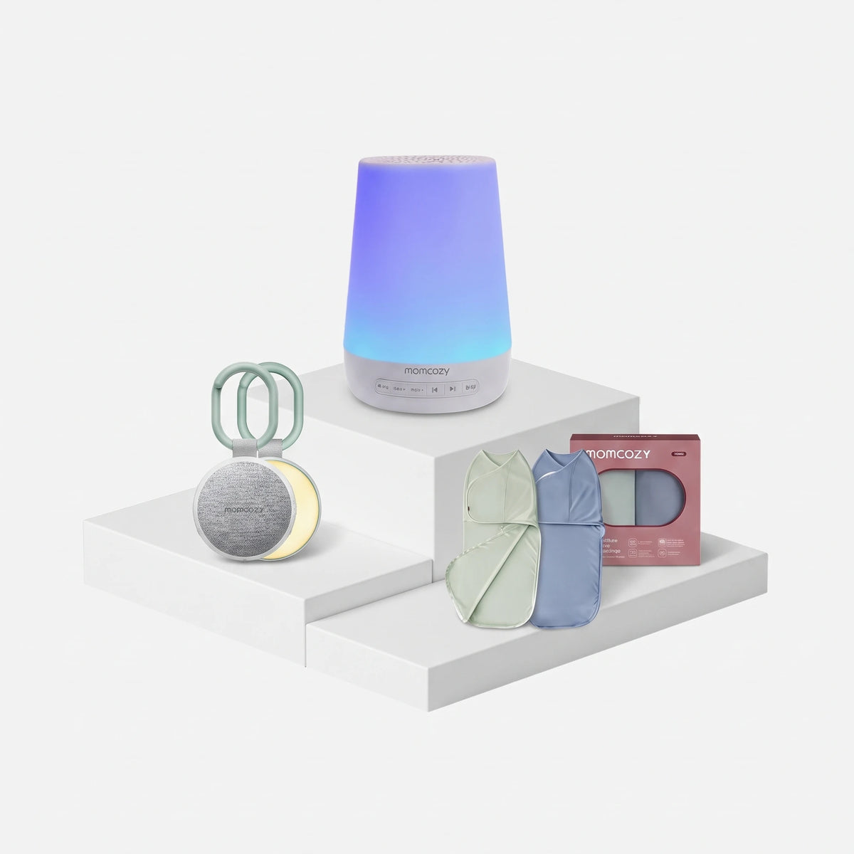 Momcozy Smart + Portable Sound Machine + Easy Swaddle Bundle — Momcozy bundle on light grey background