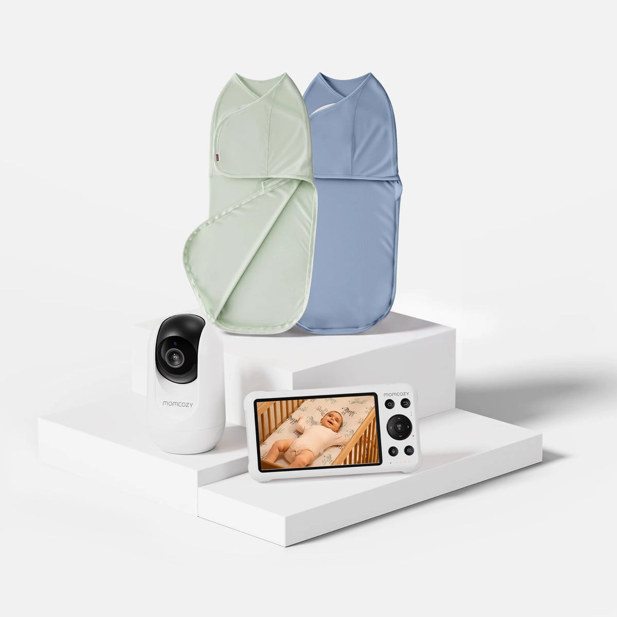 Momcozy Smart WiFi Baby Monitor + Easy Swaddle Bundle — Momcozy bundle on light grey background