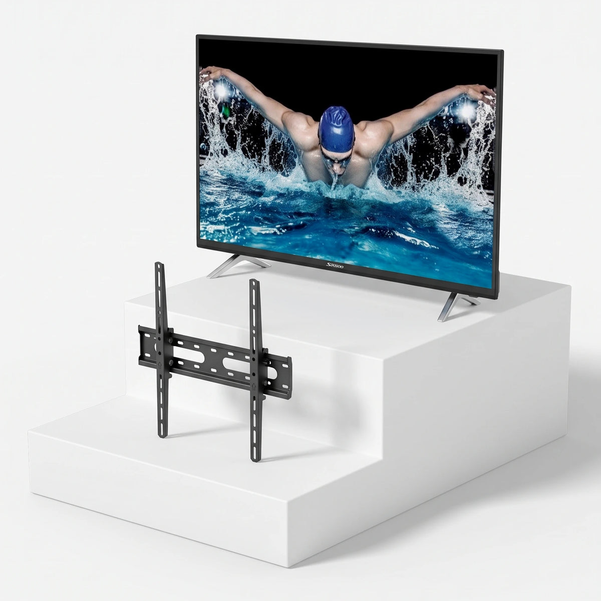 Strong SRT43UA6203 43" TV + Jolly Line Tilting Wall Mount Bundle — TV and wall mount on light grey background