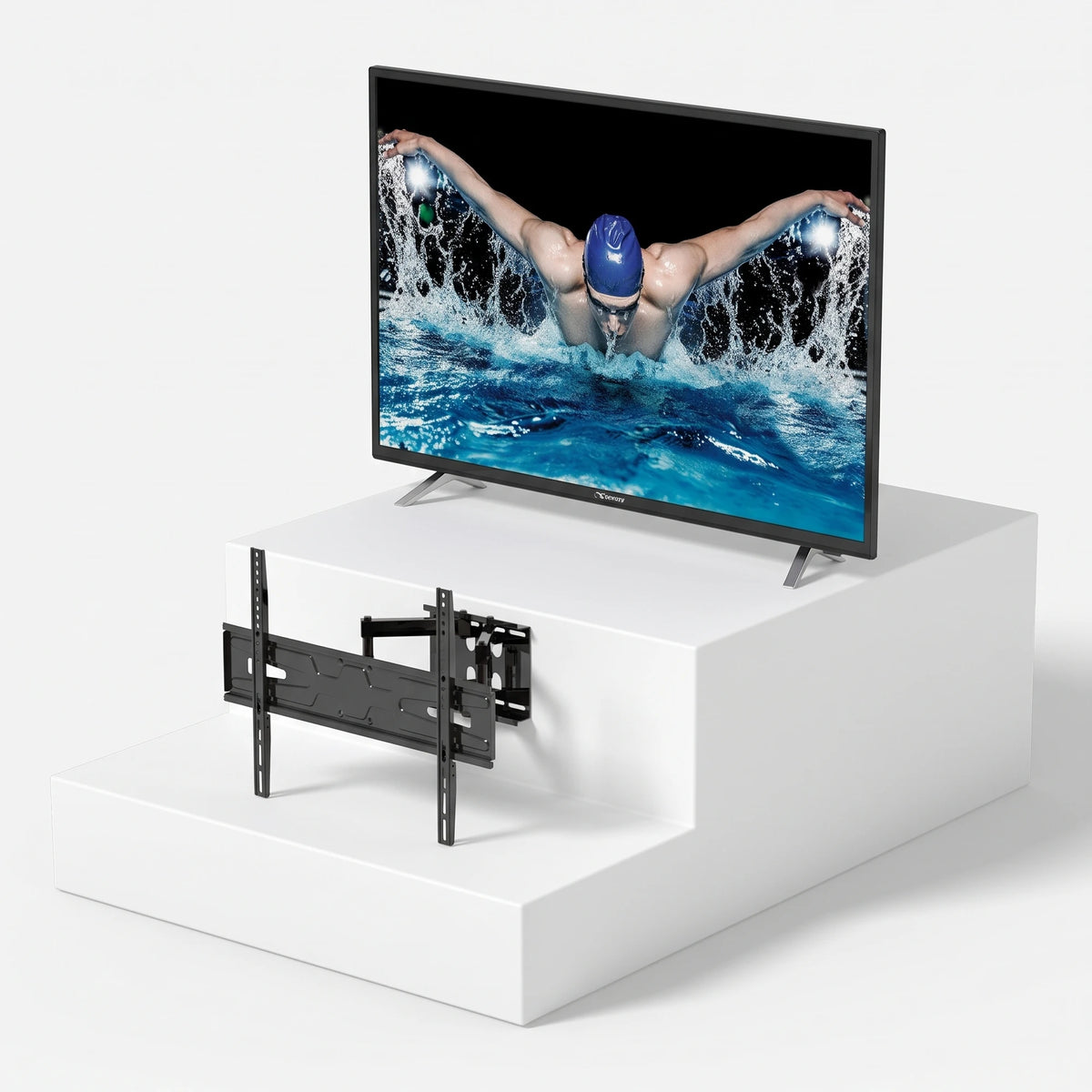 Τηλεόραση Strong SRT55UA6203 55" + Βάση Τοίχου Unitronic Full-Motion – Πακέτο — τηλεόραση και βάση τοίχου σε ανοιχτό γκρι φόντο
