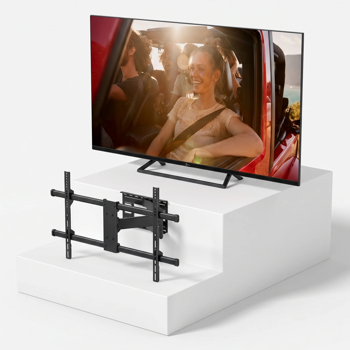 Τηλεόραση TELE System TS43FL4KSMV13 43" + Βάση Τοίχου Techly Full-Motion Μακριού Βραχίονα – Πακέτο — τηλεόραση και βάση τοίχου σε ανοιχτό γκρι φόντο
