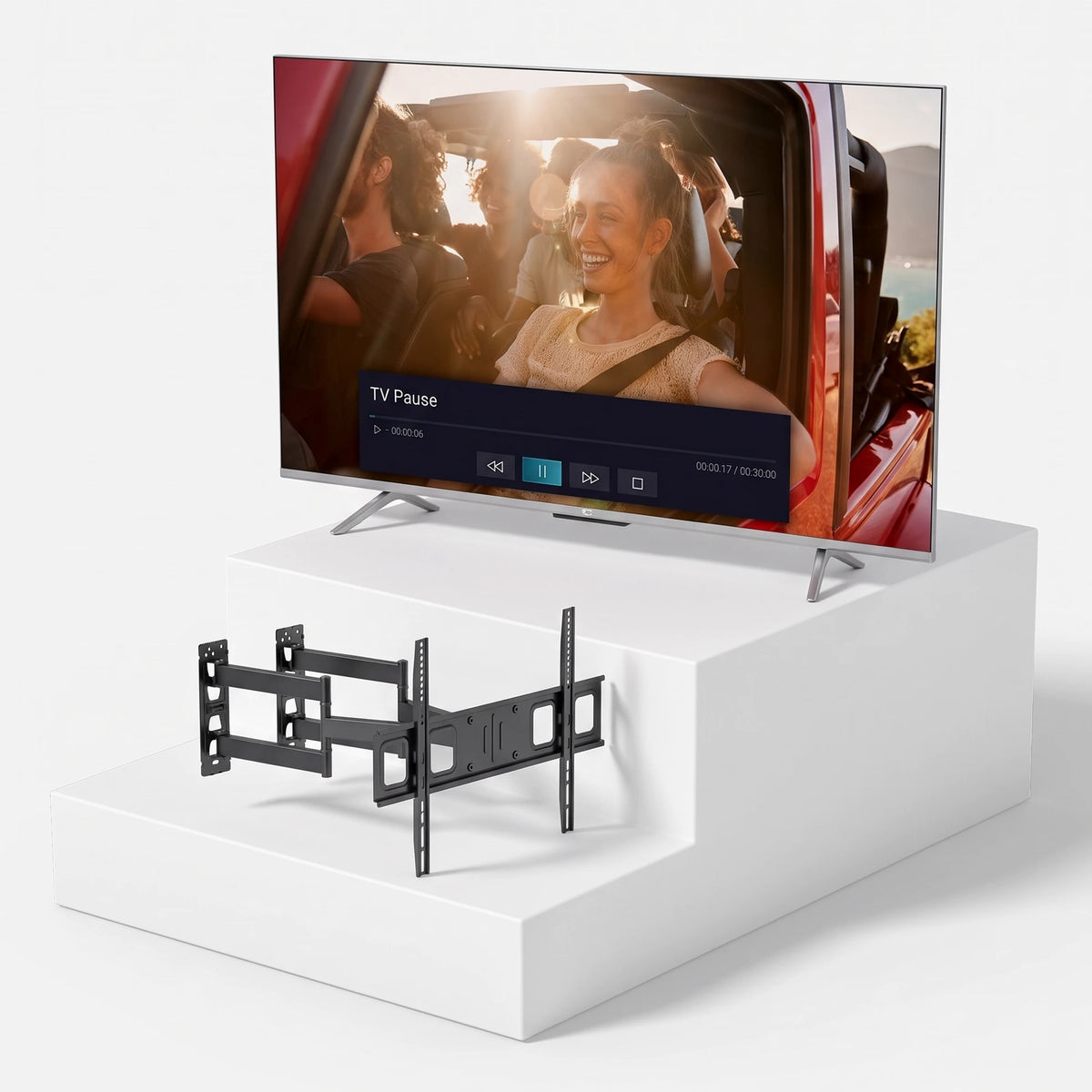 Τηλεόραση TELE System TS50FL4KSMV13 50" + Βάση Τοίχου Techly Γωνιακή Full-Motion – Πακέτο — τηλεόραση και βάση τοίχου σε ανοιχτό γκρι φόντο