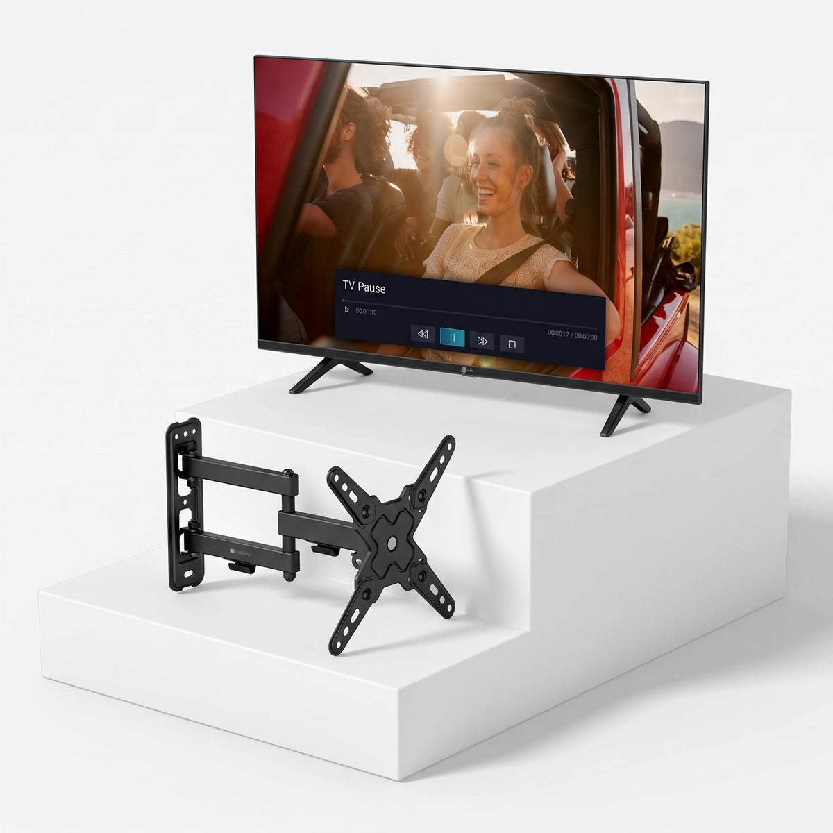Τηλεόραση TELE System TS40FLFHDSMV13 40" + Βάση Τοίχου Techly Full-Motion – Πακέτο — τηλεόραση και βάση τοίχου σε ανοιχτό γκρι φόντο