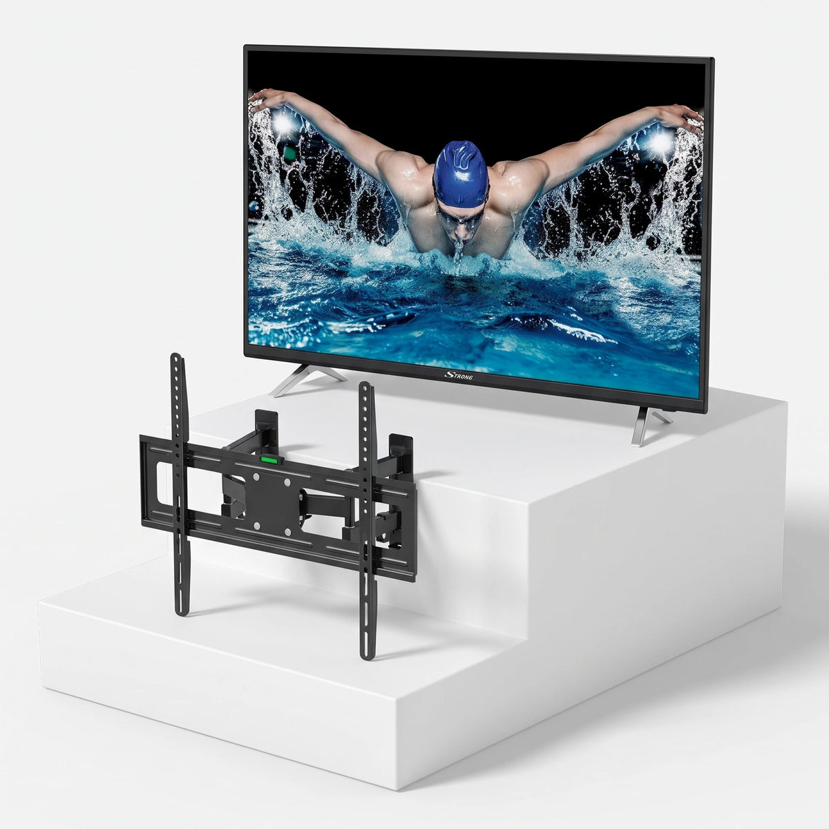 Τηλεόραση Strong SRT55UA6203 55" + Δωρεάν Βάση Τοίχου Unitronic Full-Motion Διπλού Βραχίονα — τηλεόραση και βάση τοίχου σε ανοιχτό γκρι φόντο